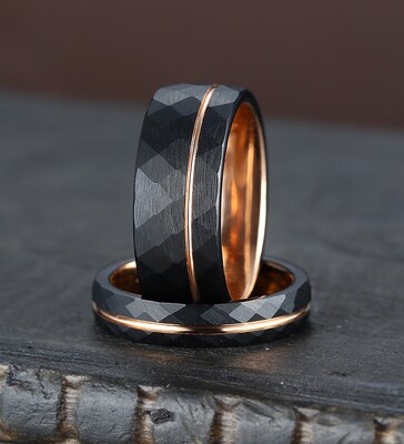 Men's wedding band, rose gold strip, black hammered tungsten carbide ring, gift for him, men's wedding ring, black ring, comfort fit ring - image3